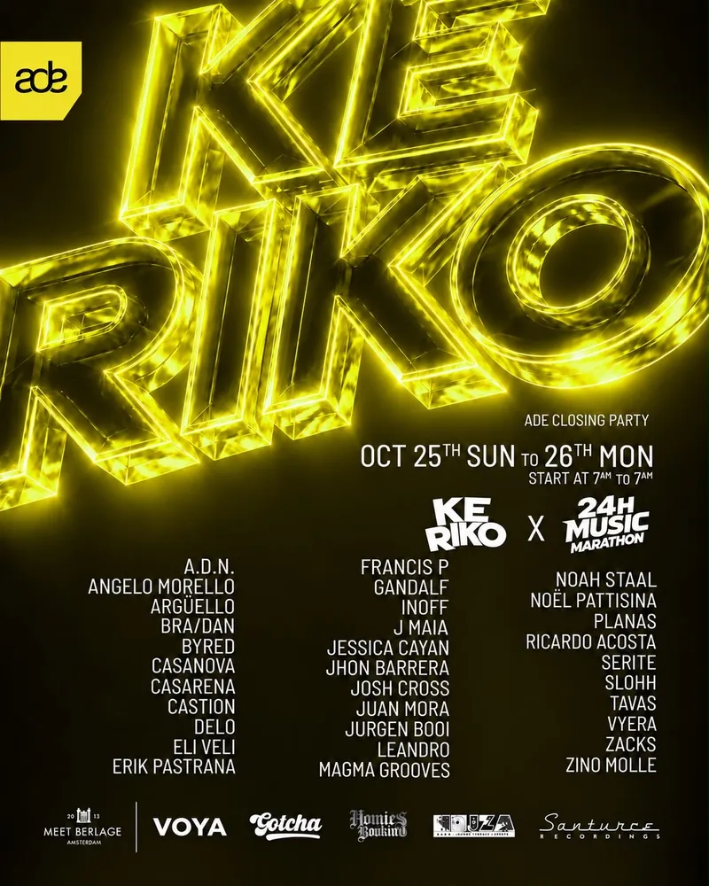 Flyer: KE RIKO × 24H Music Marathon, ADE closing party · Meet Berlage, Amsterdam